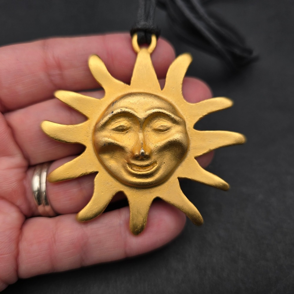 Vintage Celestial Sun Face Pendant Necklace Gold Tone Matte Finish Black Cord